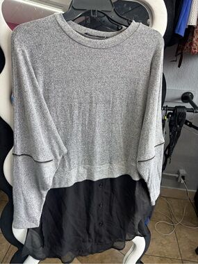 Gray Layered Blouse with Black Chiffon Hem
